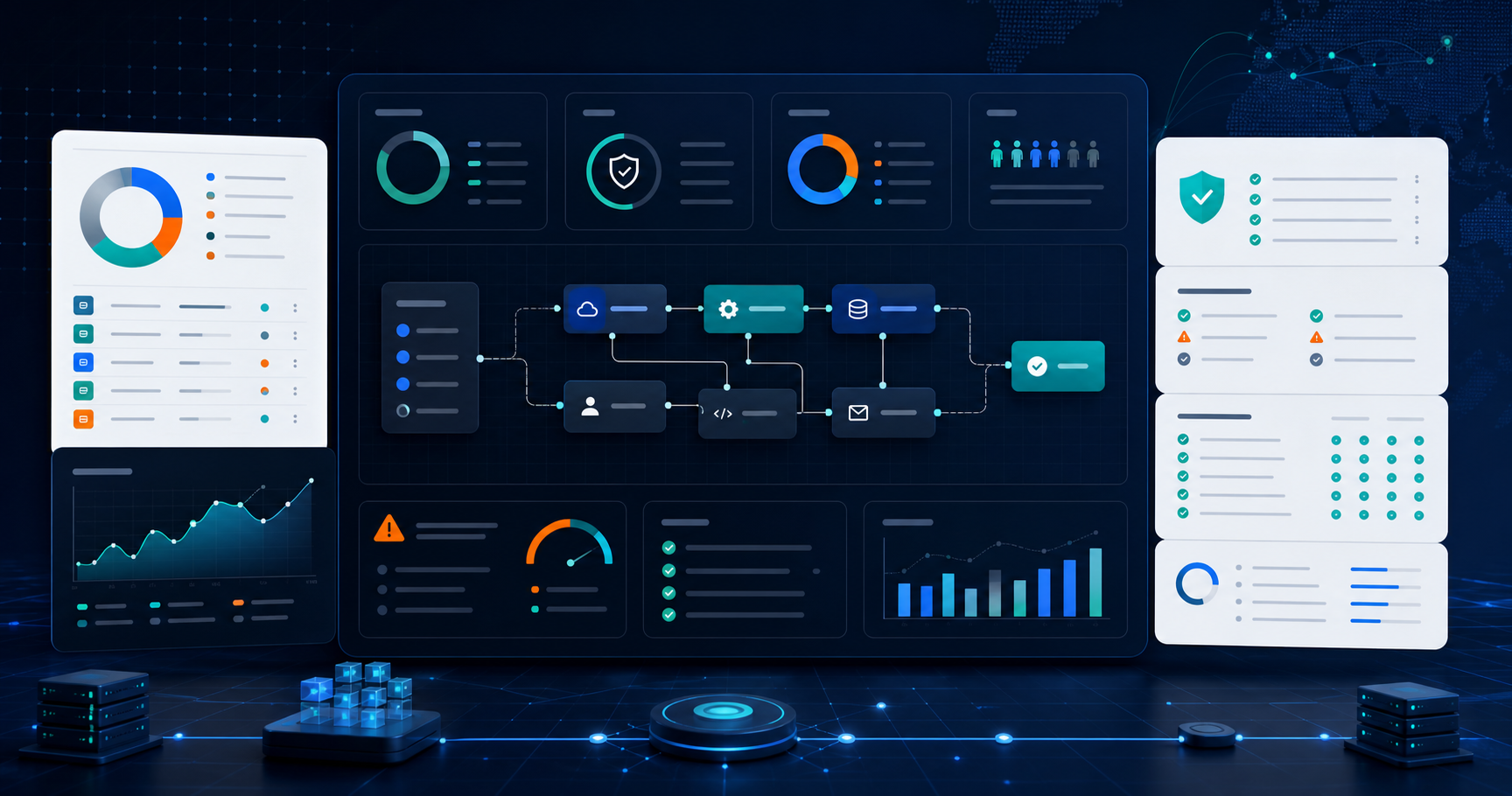 Abstract operations dashboard showing workflow, audit, automation, and security panels for Northern Cyber Solutions